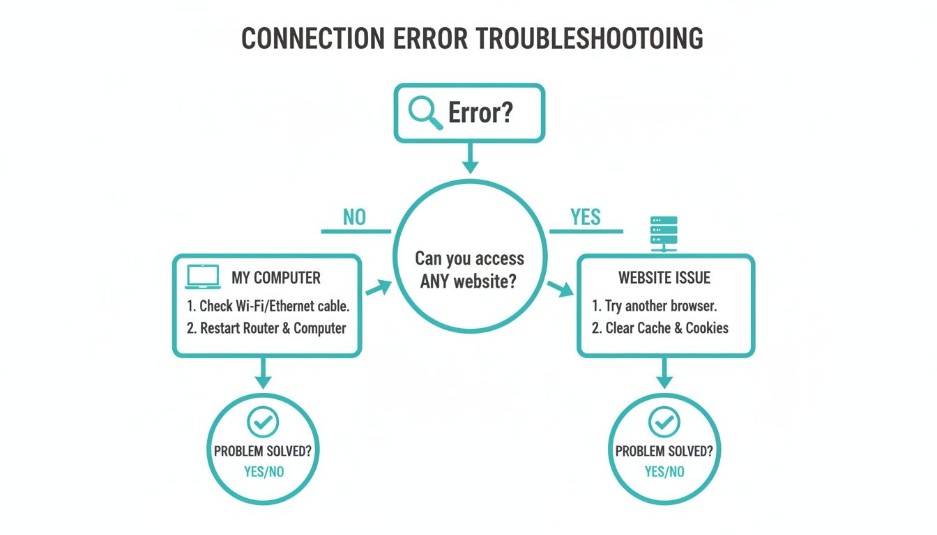 Your Guide: your connection is not private fix - fast, safe steps 1 Flowchart illustrating steps to troubleshoot a connection error, covering computer and website issues.