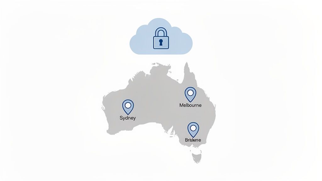 Map of australia illustrating secure cloud service regions in sydney, melbourne, and brisbane.