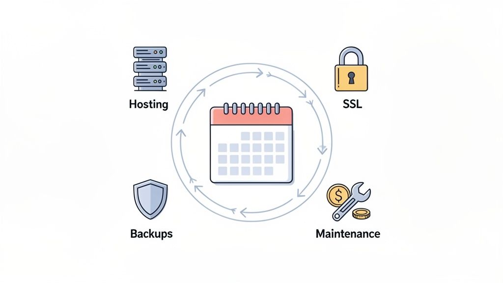 A diagram illustrating the cyclical process of web page services: hosting, ssl, maintenance, and backups, around a calendar.