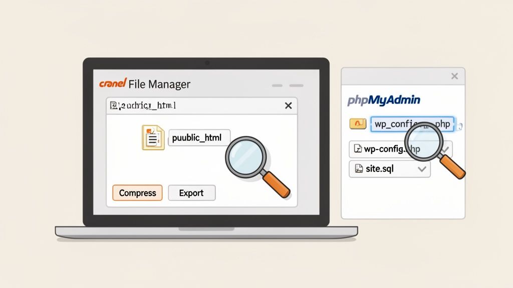 How to Backup WordPress Site A Practical Guide for Business Owners 13 A laptop displays a file manager and phpmyadmin, highlighting 'public_html' folder and 'wp-config. Php' file for backup.
