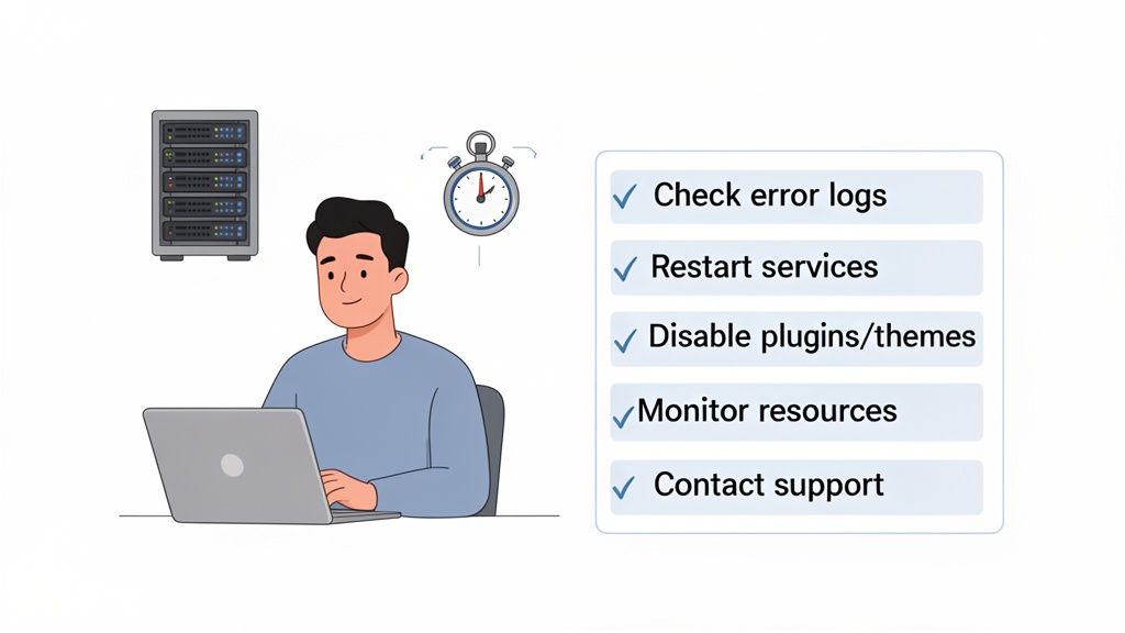 What 502 Bad Gateway Means and How to Finally Fix It 5 A man troubleshooting 502 bad gateway error on a laptop, with server rack and action checklist.