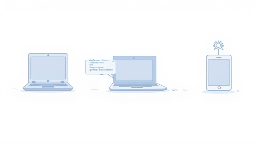 Dns servers not responding: Quick fixes to get you back online 4 Minimalist illustration of two laptops and a smartphone with connection and text bubble.