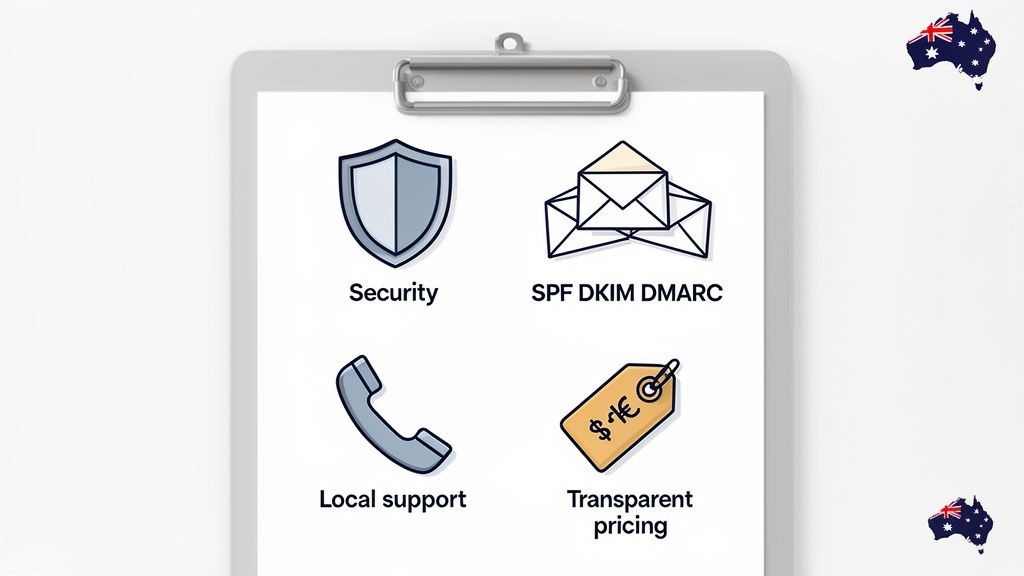 Key features of australian email hosting: security, authentication, local support, and transparent pricing.