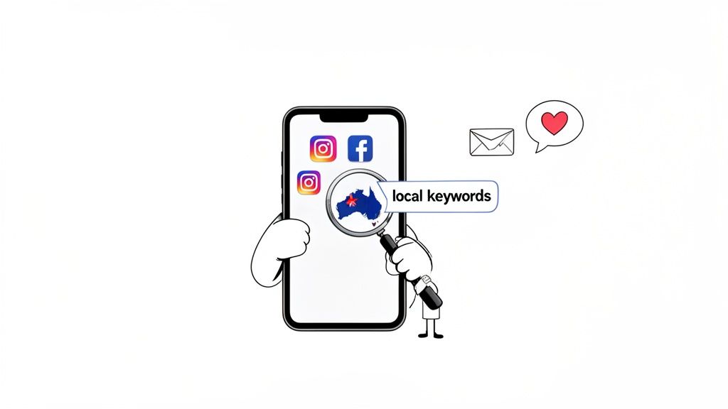 Cartoon phone searching local keywords on a map of australia, with social media apps and communication symbols.