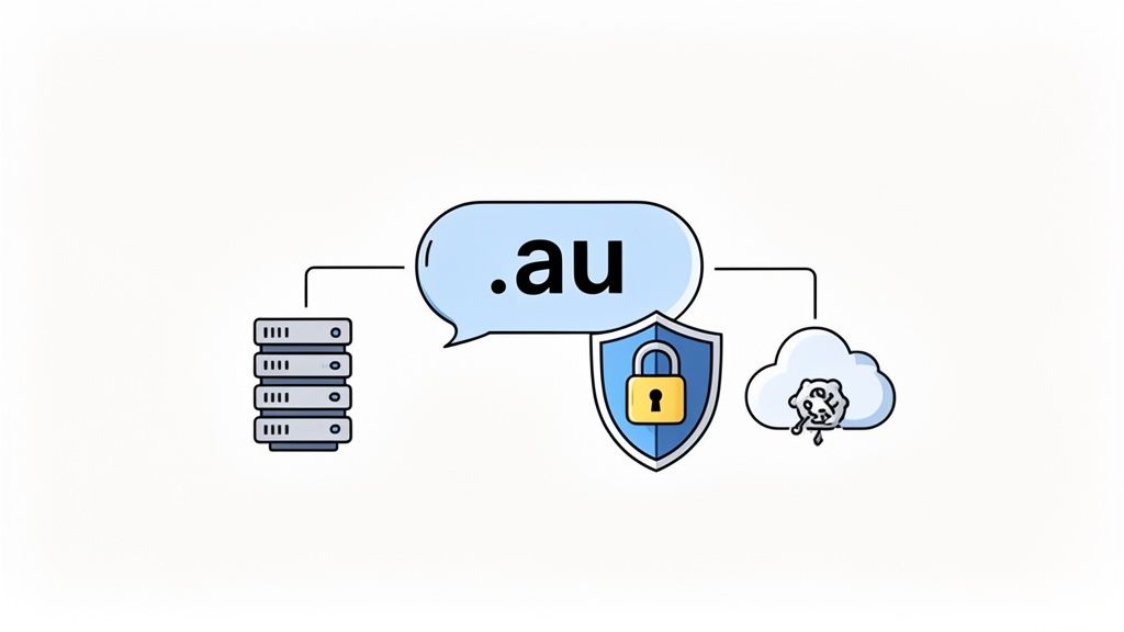 Registering Domain Name Australia A Practical Guide 5 Diagram illustrating an australian. Au domain name connected to servers, security, and cloud services.