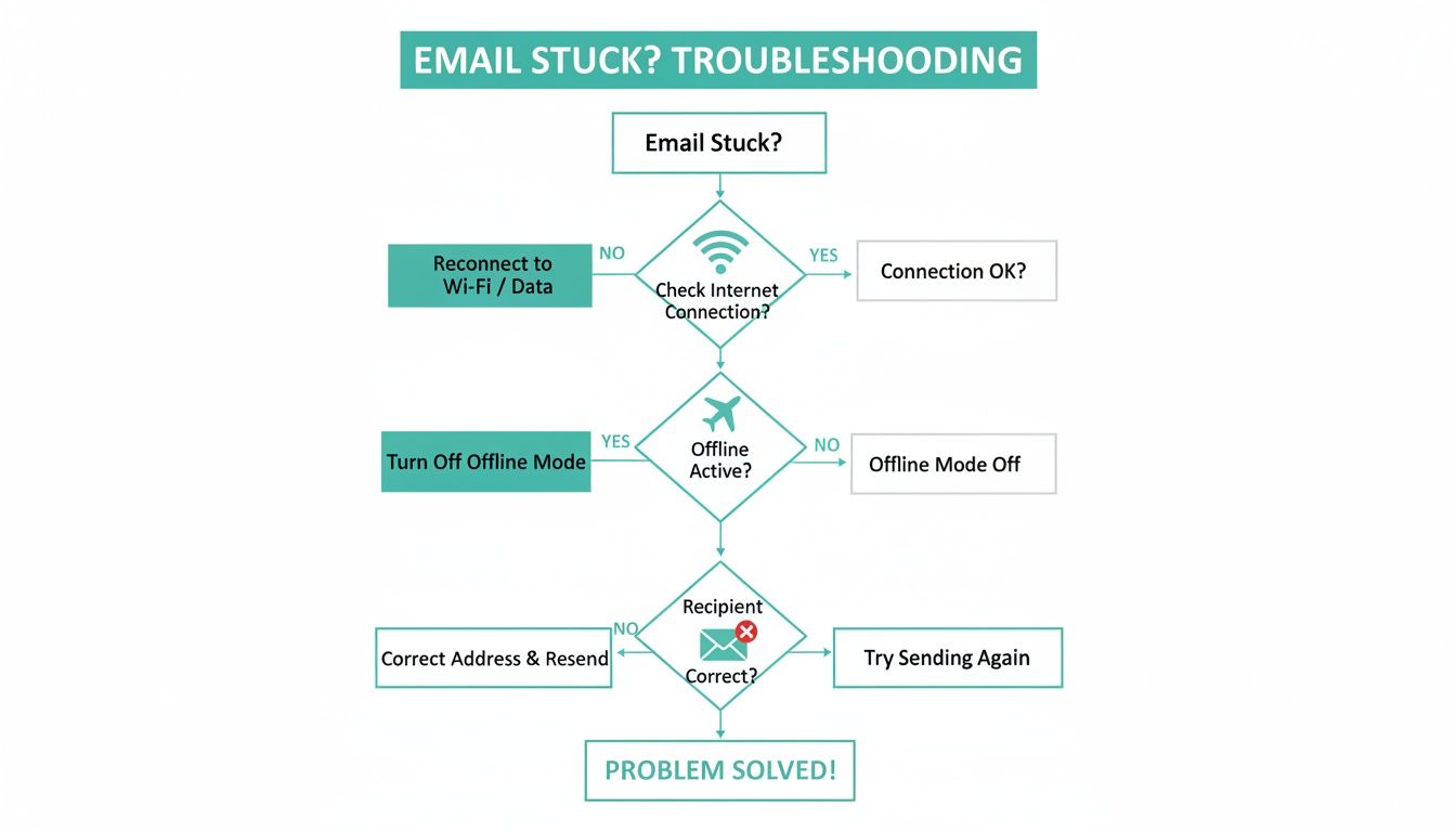 Outlook: outlook email not sending? Quick Fix Guide to Get Your Emails Moving 1 Flowchart for troubleshooting stuck email, guiding through internet connection, offline mode, and recipient address checks.