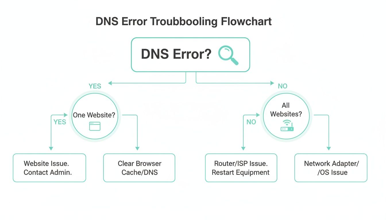 Dns servers not responding: Quick fixes to get you back online 1 A dns error troubleshooting flowchart guides users through steps to resolve connectivity issues.