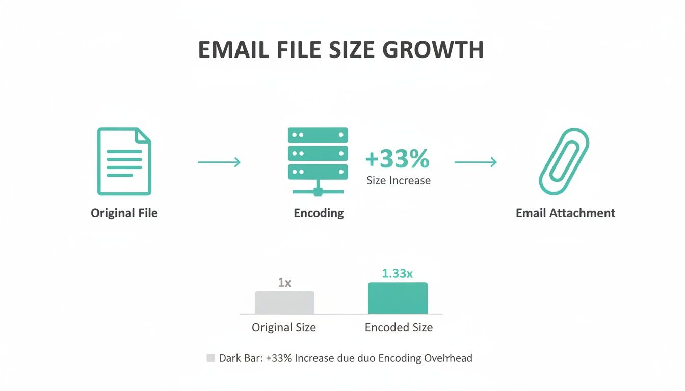 The Ultimate Guide to Email Attachment Size Limits 1 An infographic showing email file size growth, illustrating how an original file increases by 33% due to encoding overhead to become an email attachment.