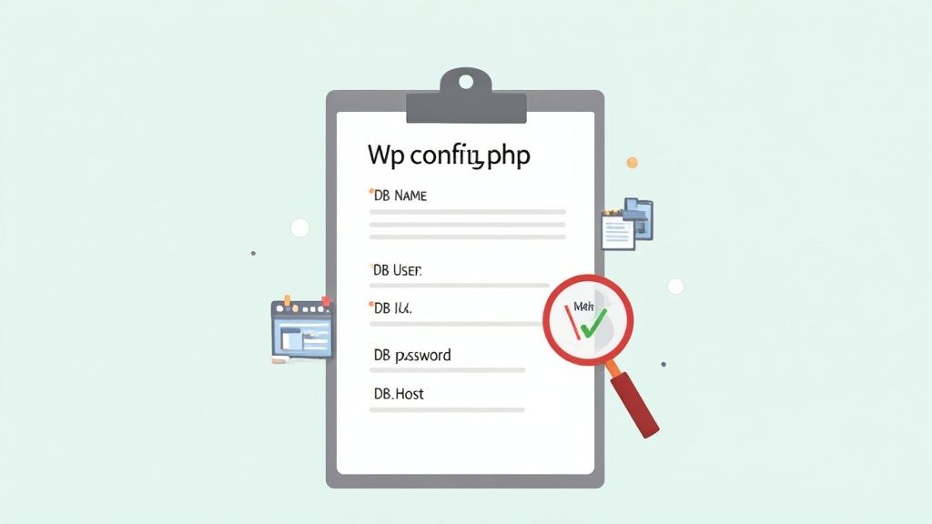 Magnifying glass inspecting a wp config. Php file with database settings, suggesting a connection error check.