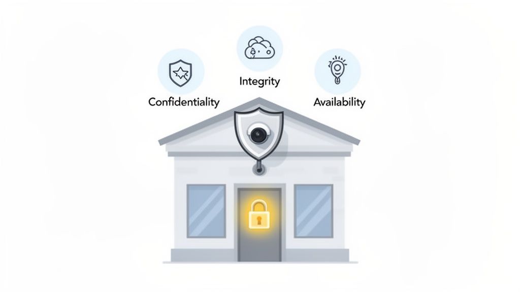 Cybersecurity & Data Protection: A Practical Guide for Australian Businesses 1 Illustration of a secure building protected by a glowing padlock and security camera, representing data protection with the cia triad of confidentiality, integrity, and availability.