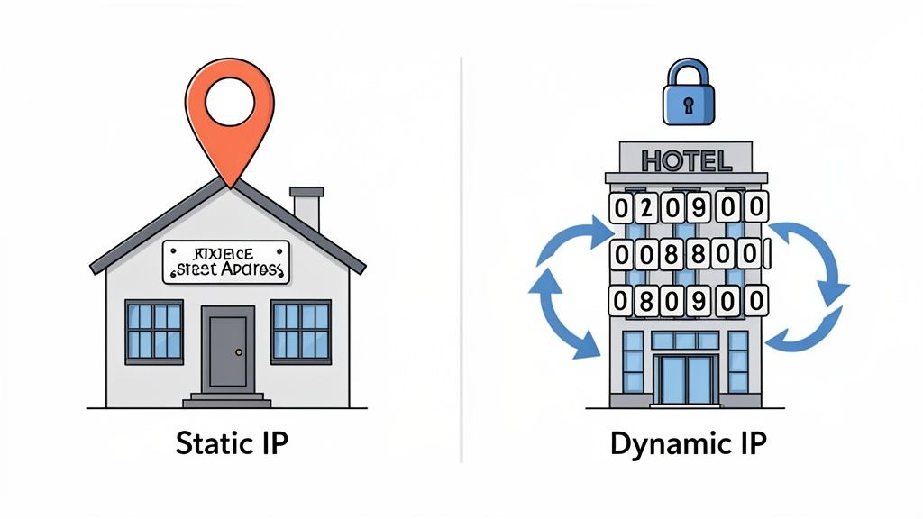 Static vs Dynamic IP: A Practical Guide to static vs dynamic ip for Your Network 1 Illustration comparing static ip as a fixed house address with a map pin, and dynamic ip as a hotel with changing room numbers.