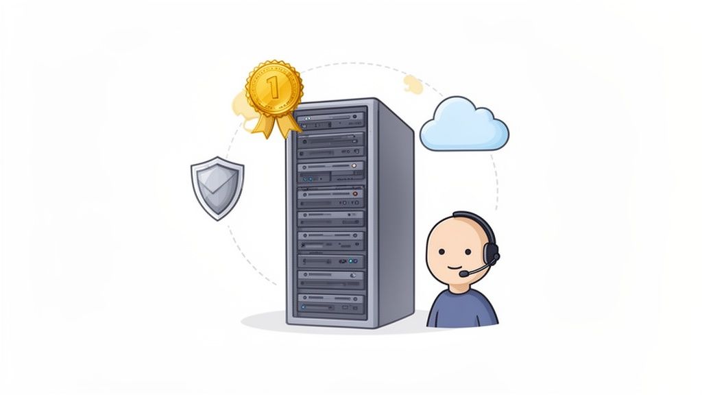 Illustration of a server rack, medal, shield, cloud, and support person, symbolizing premium web hosting.