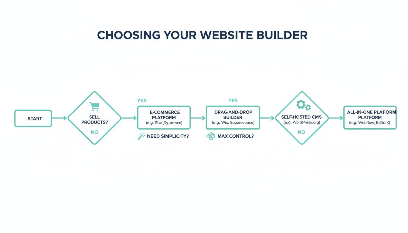 Flowchart guiding users through choosing a website builder based on needs like selling products, simplicity, and control.