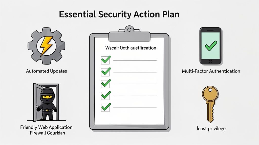 Exploit Prevention for Small Business: A Practical Guide 4 An infographic illustrating an essential security action plan with key measures for cyber defense.