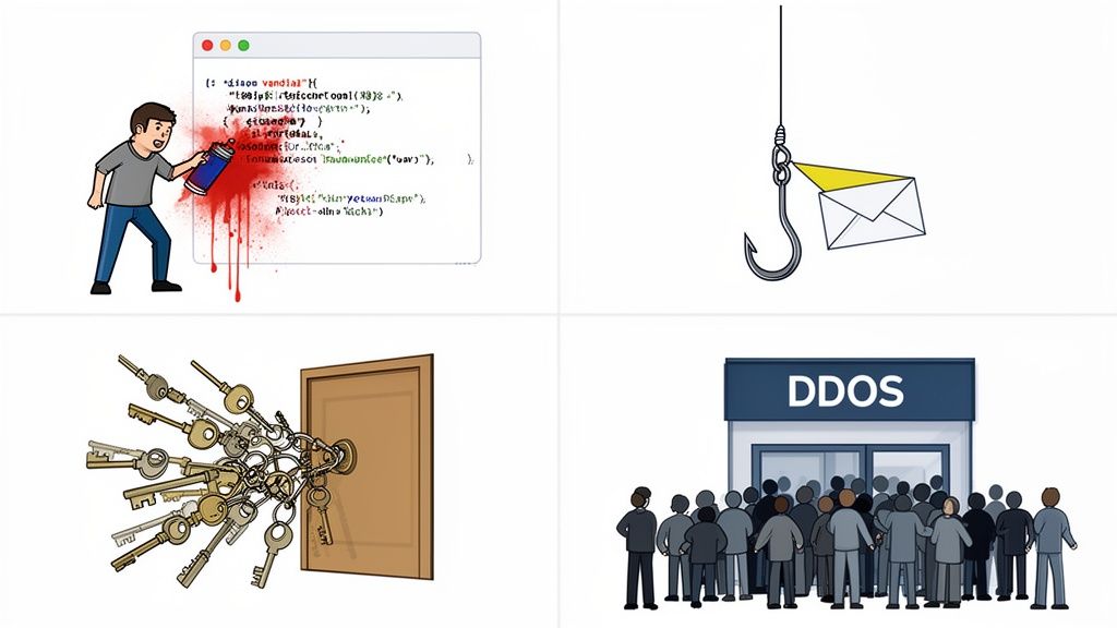 Exploit Prevention for Small Business: A Practical Guide 3 Four panels illustrating common cybersecurity threats: code injection, phishing, brute force, and ddos attack.