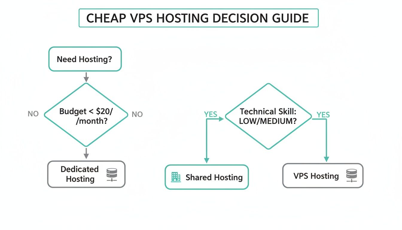 Flowchart decision guide for cheap vps hosting, considering budget and technical skill levels.