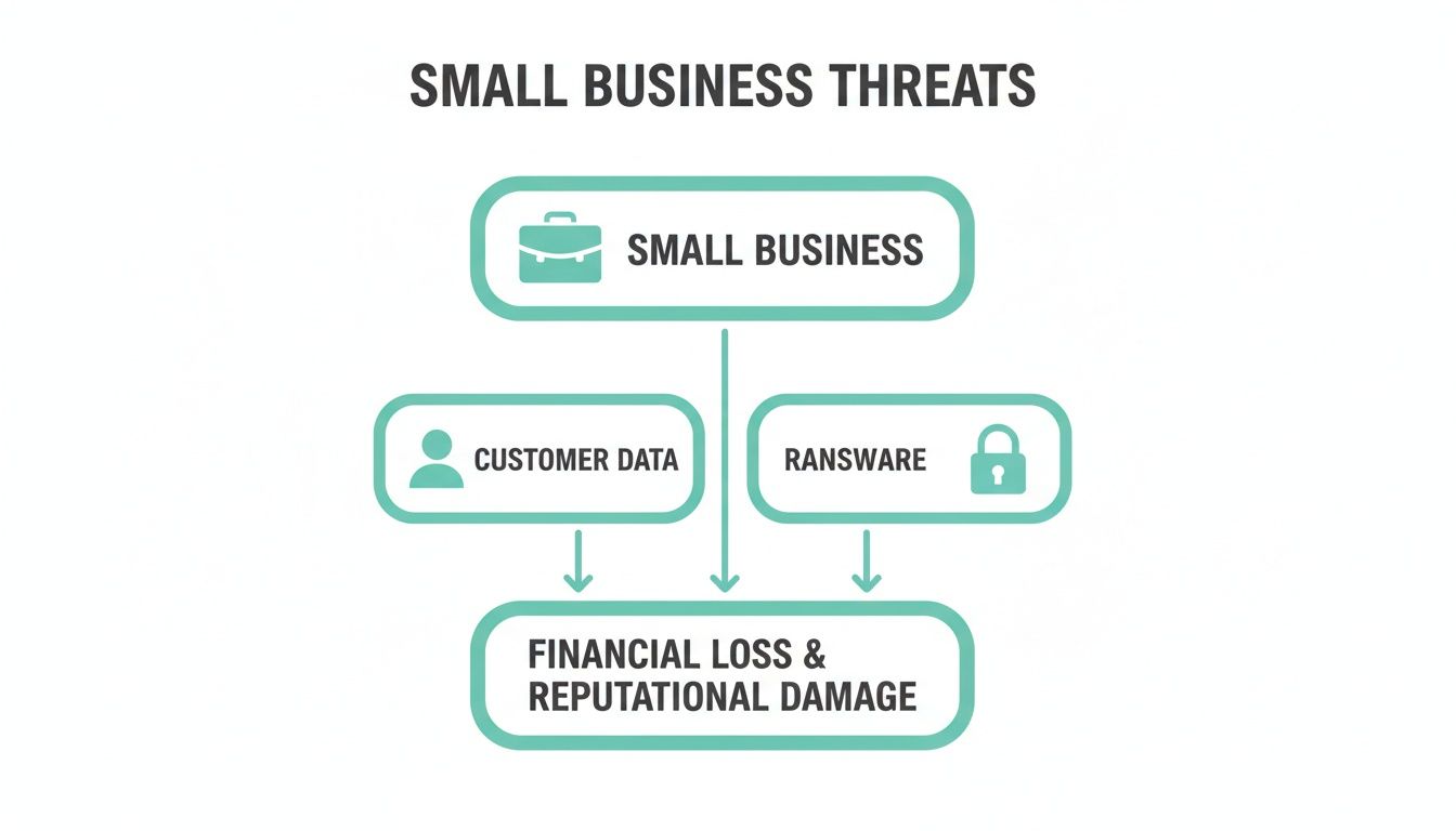 Network Security Small Business: A Practical Guide to Protecting Your Assets 2 A diagram shows customer data breaches and ransomware as small business cyber threats, resulting in financial loss and reputational damage.