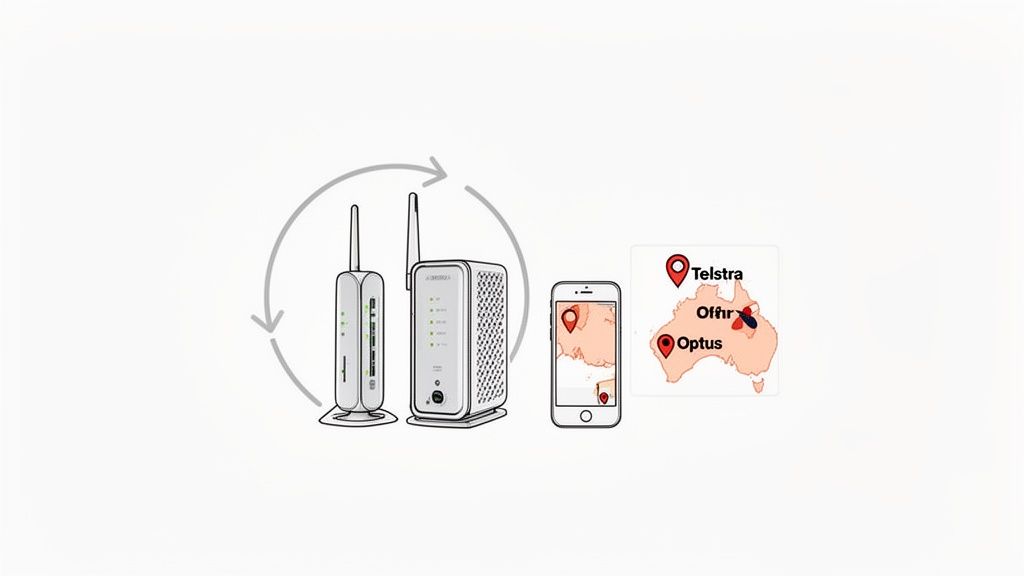 Illustration showing two network routers, a smartphone displaying a map, and an australian map highlighting telstra, offir, and optus locations.