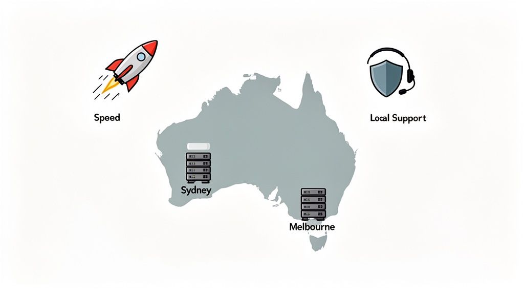 The Best Australian Hosting for WordPress A Definitive Guide 1 Map of australia showing hosting data centers in sydney and melbourne, with icons for speed and local support.