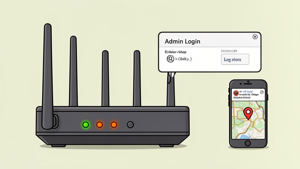 How to Fix 'Can't Connect to This Network' in Australia 4 A wireless router with indicator lights, an admin login pop-up, and a smartphone displaying a map.