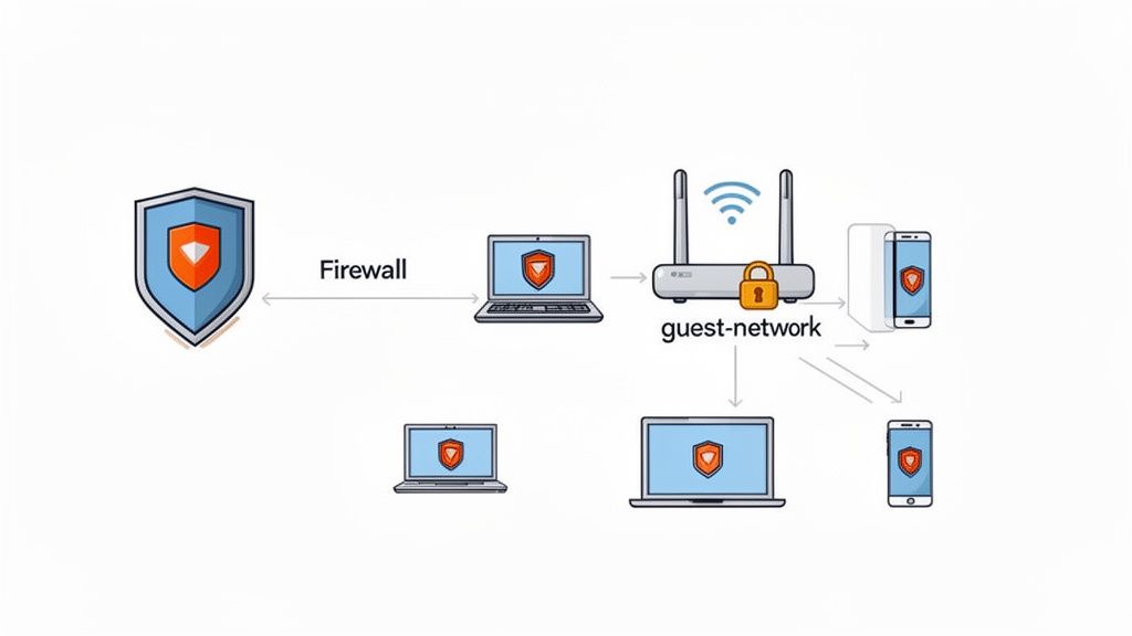A Guide to Small Business Network Security for Australian SMEs 3 Diagram illustrates a firewall protecting a guest network with connected laptops and smartphones.