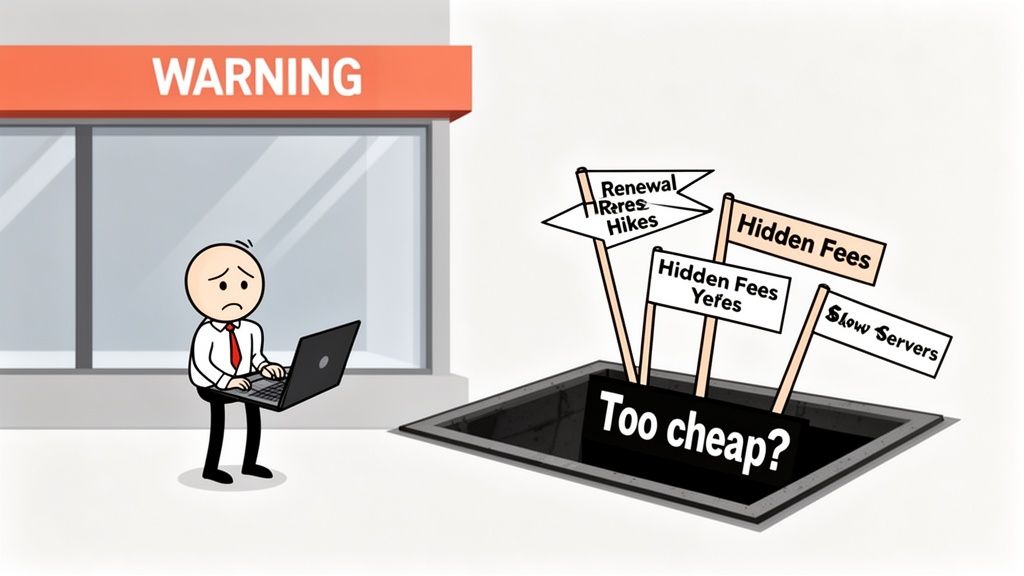 Sad cartoon man with a laptop faces a 'warning' sign, next to a 'too cheap? ' pit of hidden fees and slow servers.
