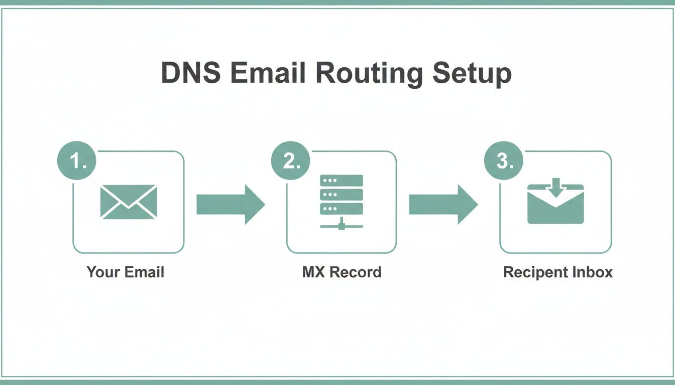 How to Set Up Domain Email for Your Business 5 Diagram showing dns email routing setup: email sent, routed via mx record, delivered to recipient inbox.