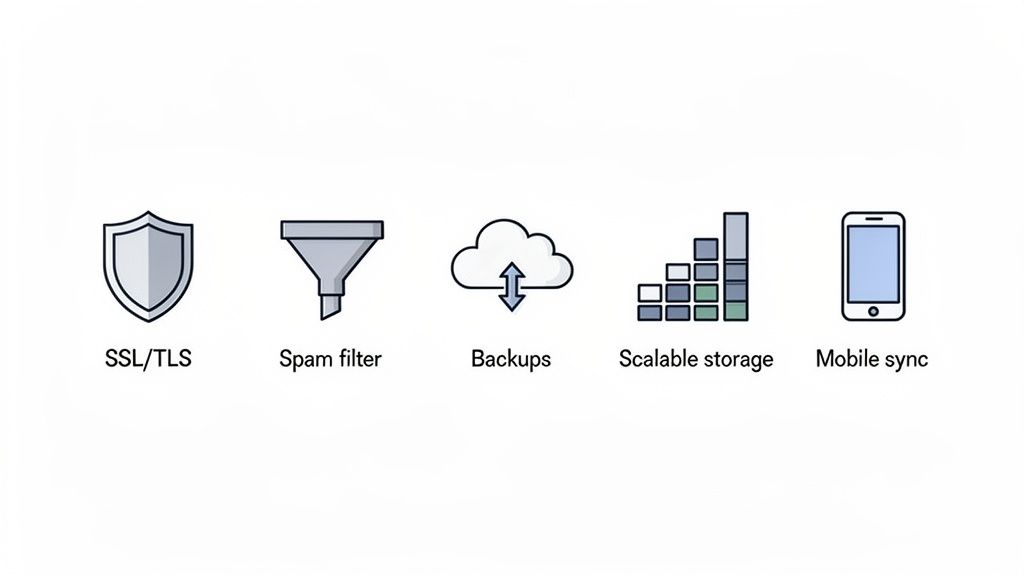 Email Hosting for Small Business: Boost Credibility and Productivity 2 Five icons representing essential email hosting features: ssl/tls, spam filter, backups, scalable storage, and mobile sync.