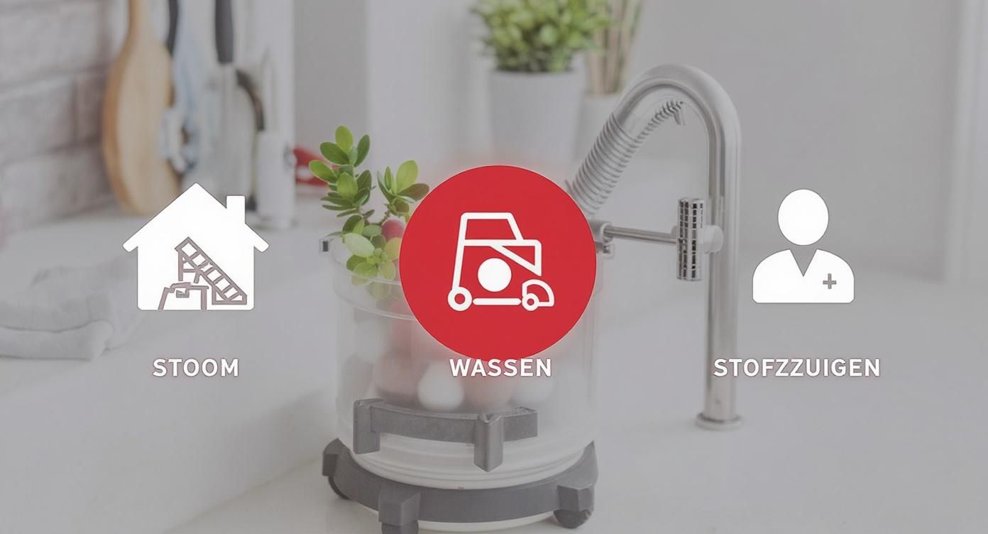 Drie pictogrammen van huishoudelijke diensten: stoomreiniging, wassen en stofzuigen, met begeleidende teksten.