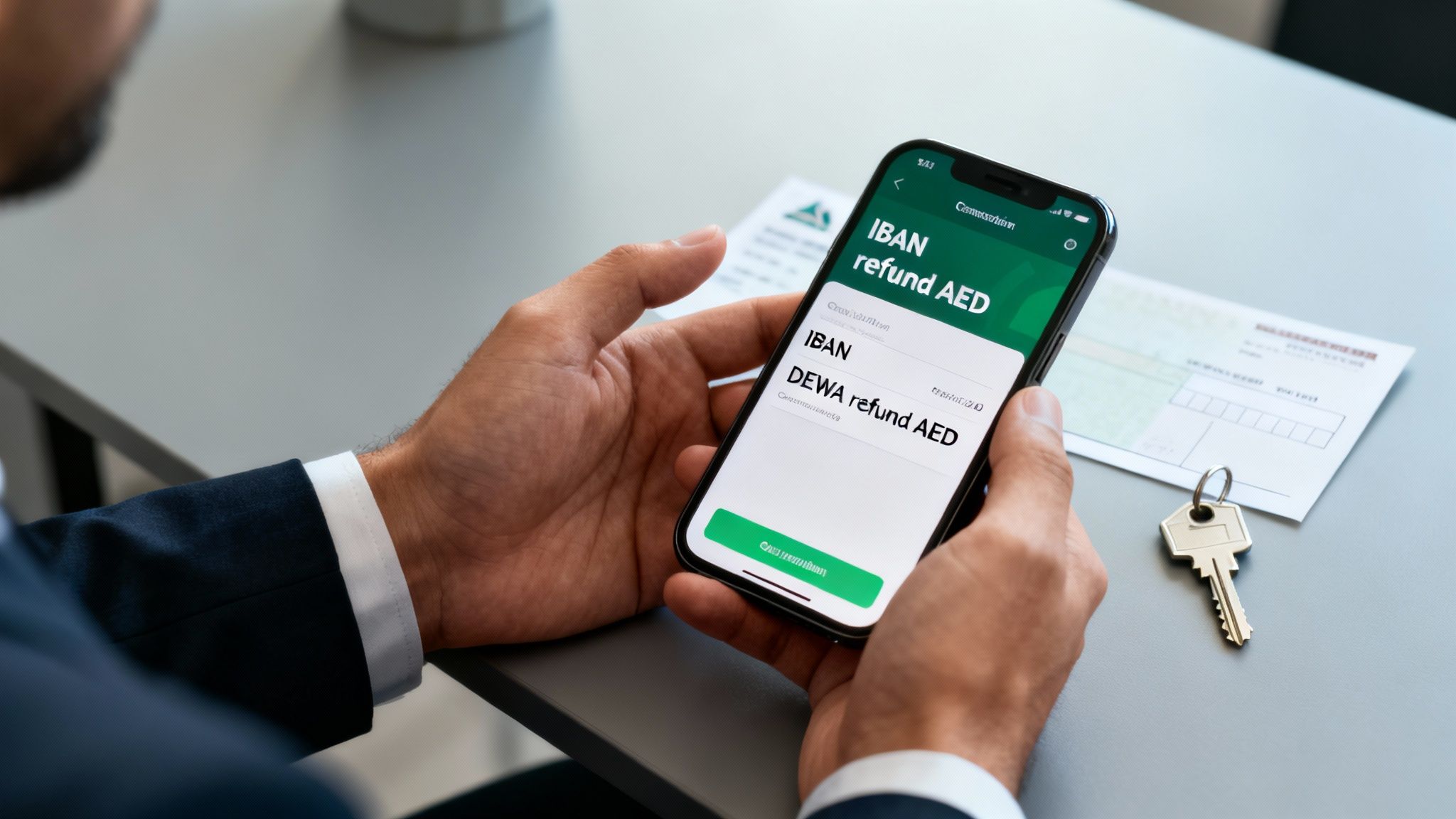 A man in a suit holds a smartphone showing an IBAN refund screen, with a key and paper on the desk.