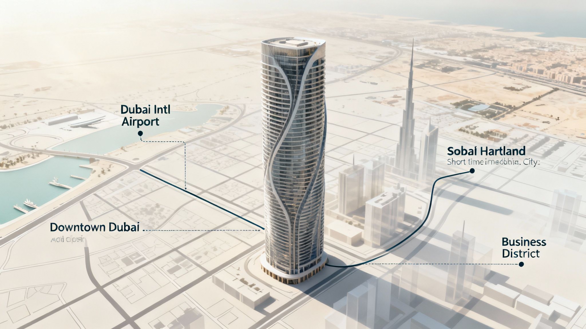 Dubai city map highlighting a modern skyscraper and its strategic location near airport and downtown.