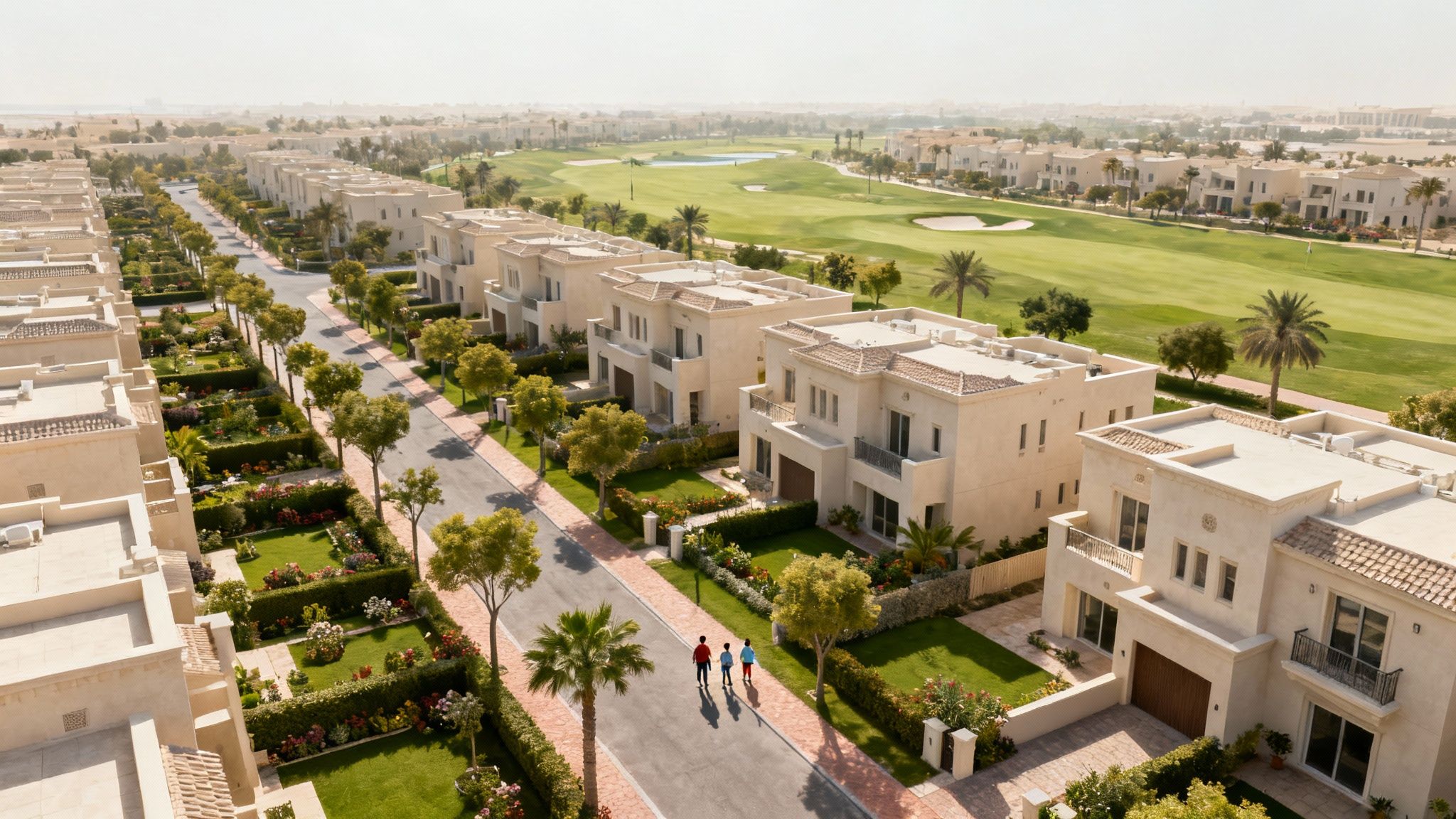 Aerial view of a luxurious residential community with villas, lush gardens, a golf course, and people walking.