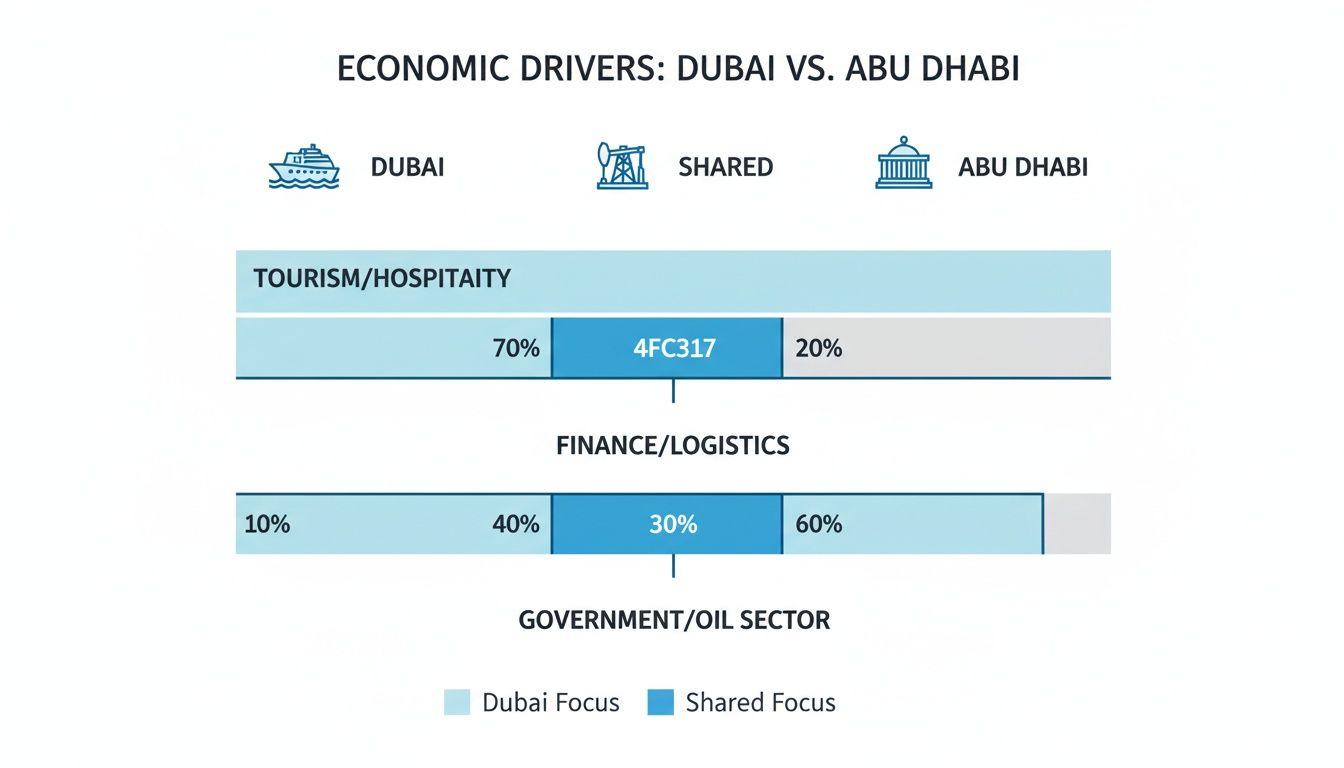 Bar chart illustrating economic drivers comparison between Dubai and Abu Dhabi across key sectors.
