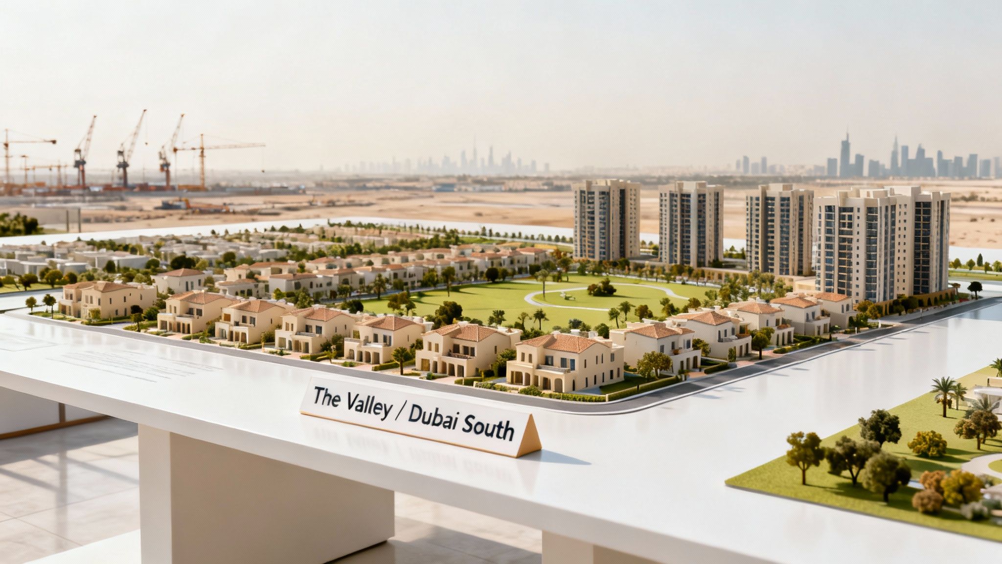 Architectural model of 'The Valley / Dubai South' residential area with villas, apartments, and green spaces, against a distant Dubai skyline.