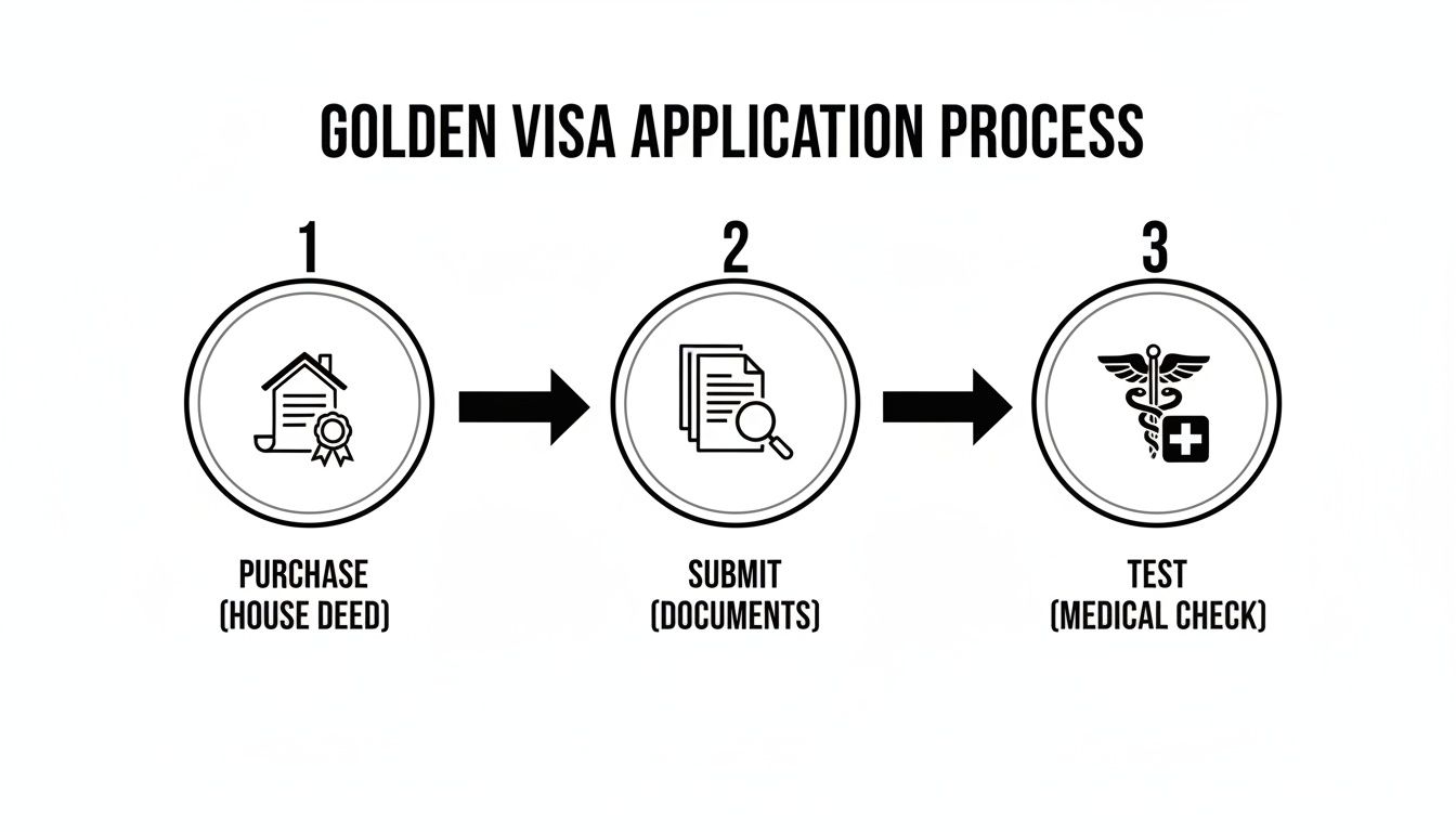 Infographic showing three steps for a golden visa application: purchase, submit documents, and medical check.