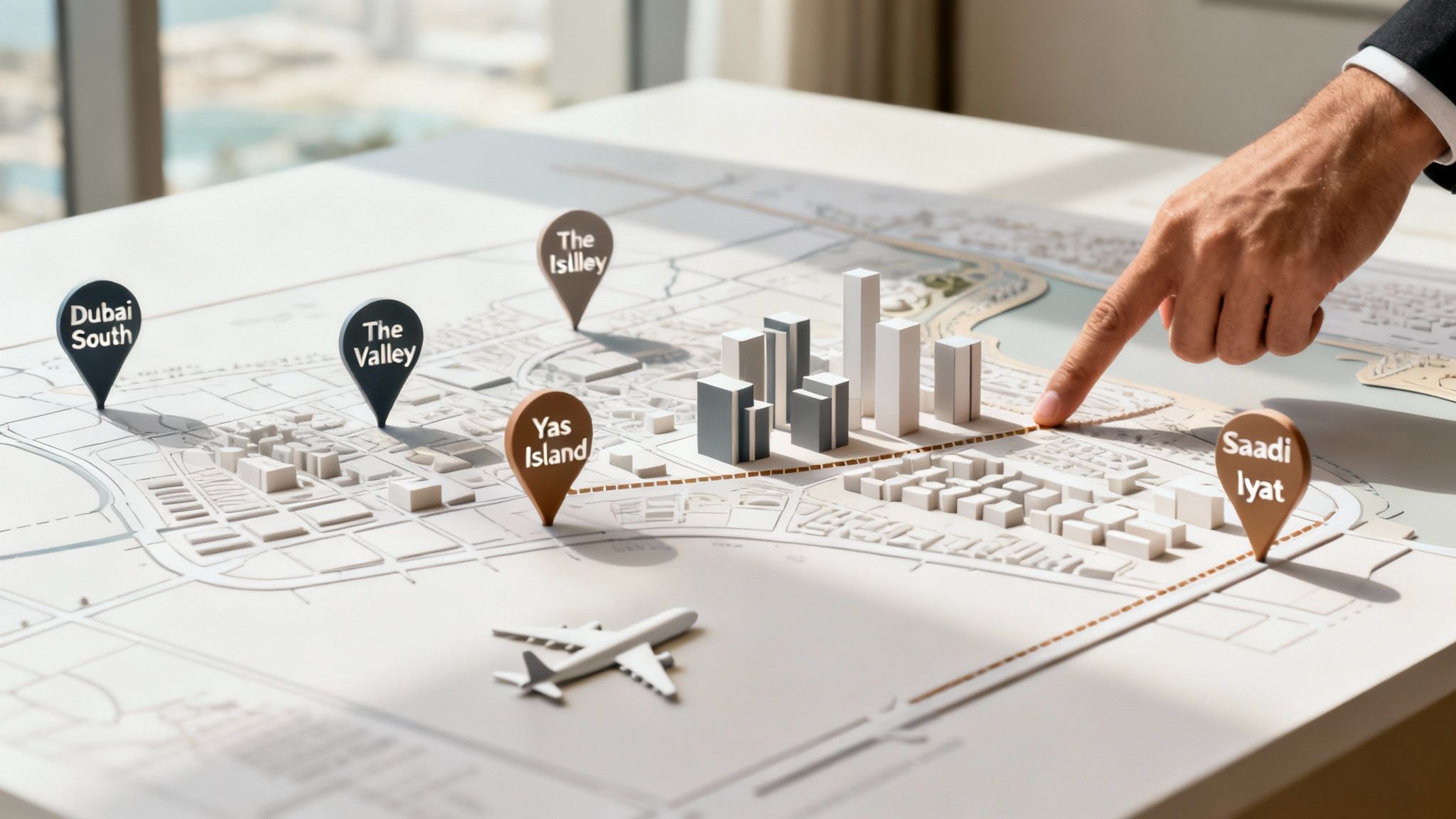 Hand points on detailed architectural city model featuring Dubai and Abu Dhabi areas.