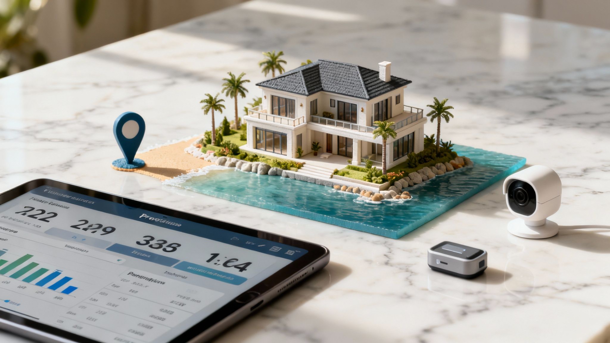 A miniature model of a luxurious coastal house with smart home devices and a tablet displaying data.