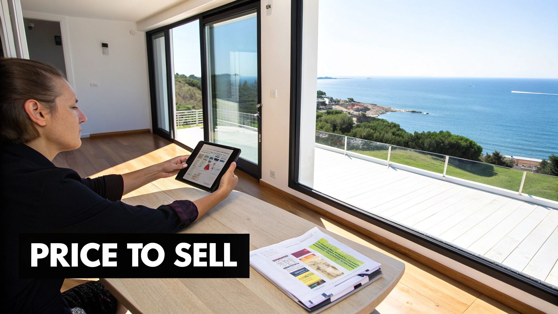 A real estate agent reviews property data on a tablet in a modern home with an ocean view.