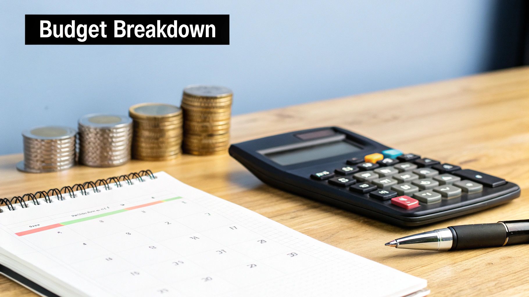 A calculator, stacks of coins, calendar, and pen on a desk for budget breakdown.