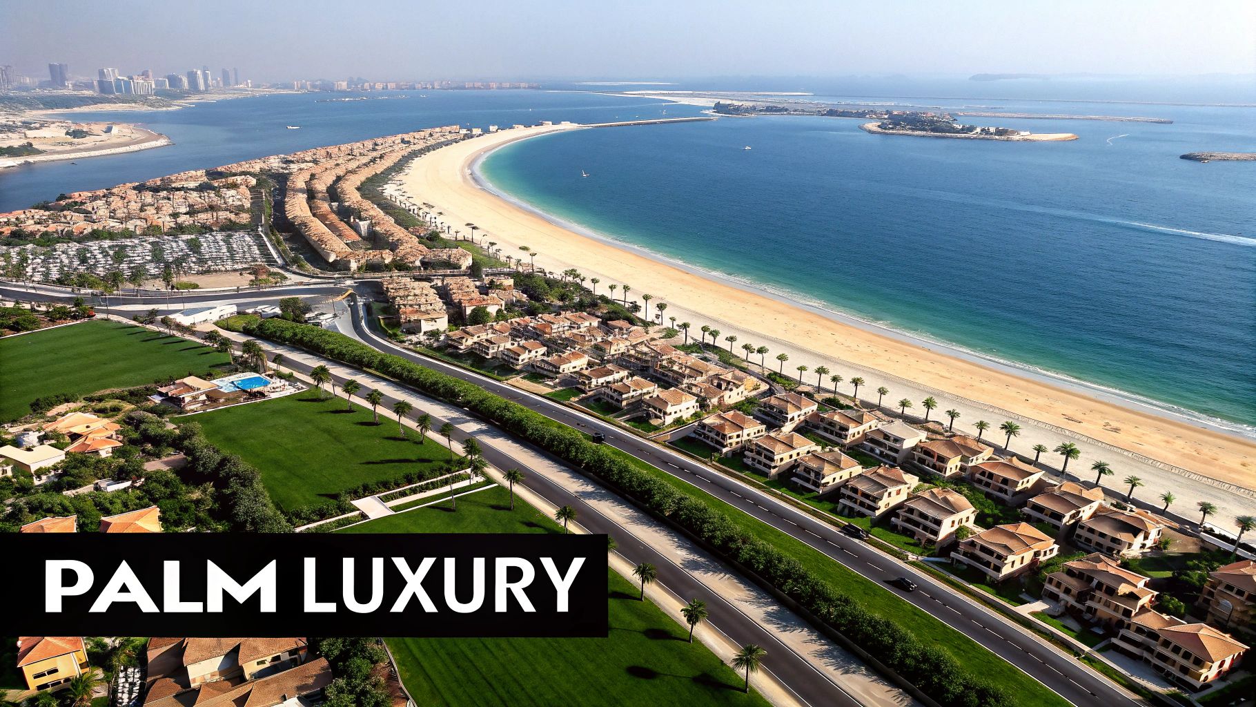 Aerial view of luxurious villas and a beautiful crescent beach at Palm Jumeirah, Dubai.