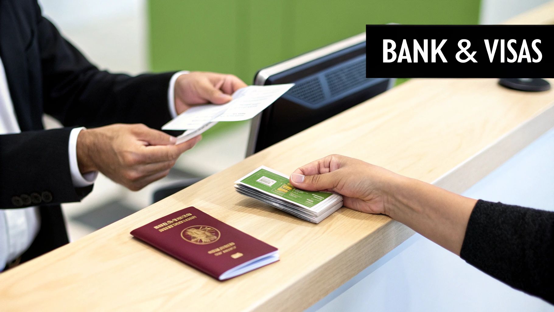 Hands exchanging documents at a bank or visa counter, with a passport visible on the desk.