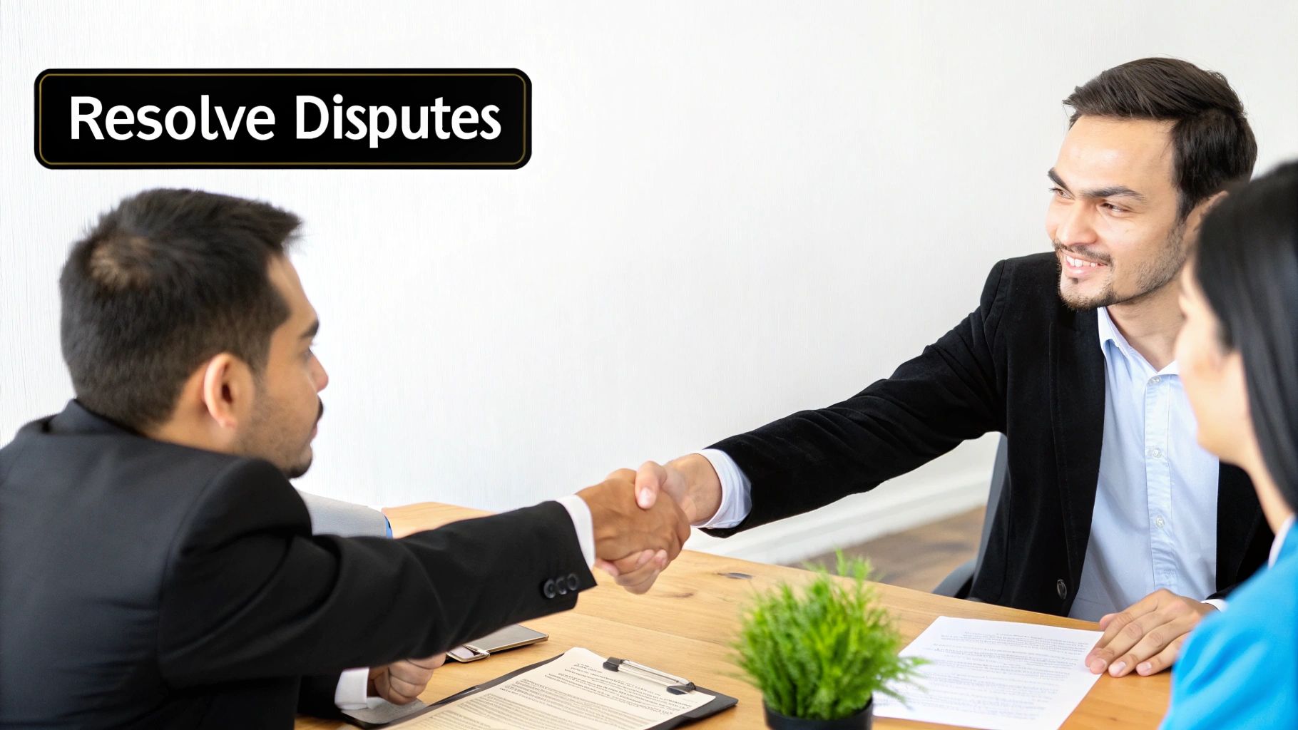 Two businessmen shaking hands at a table with text overlay "Resolve Disputes", signifying agreement.