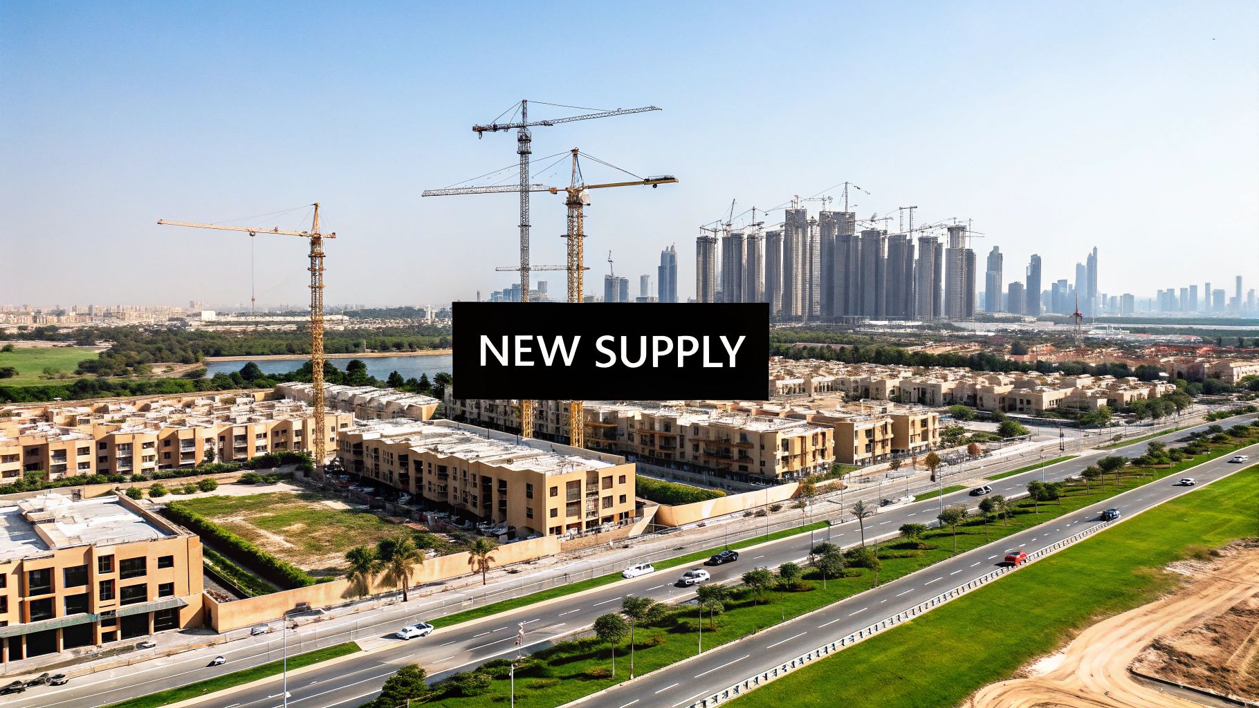 Aerial view of a city with construction cranes, new buildings, and a distant skyline, indicating new supply.