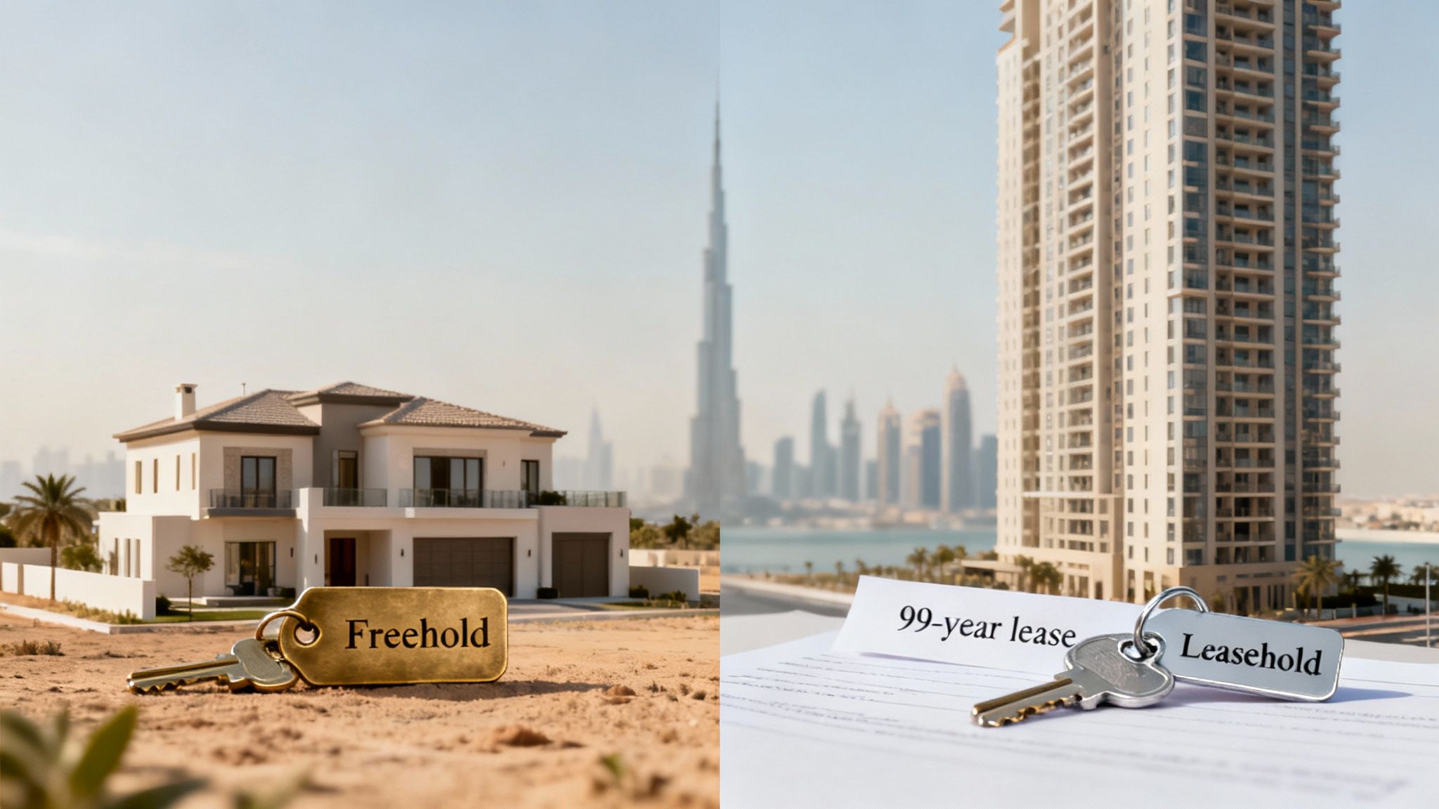 Two keys on contrasting property types: a freehold house and a leasehold apartment in Dubai.