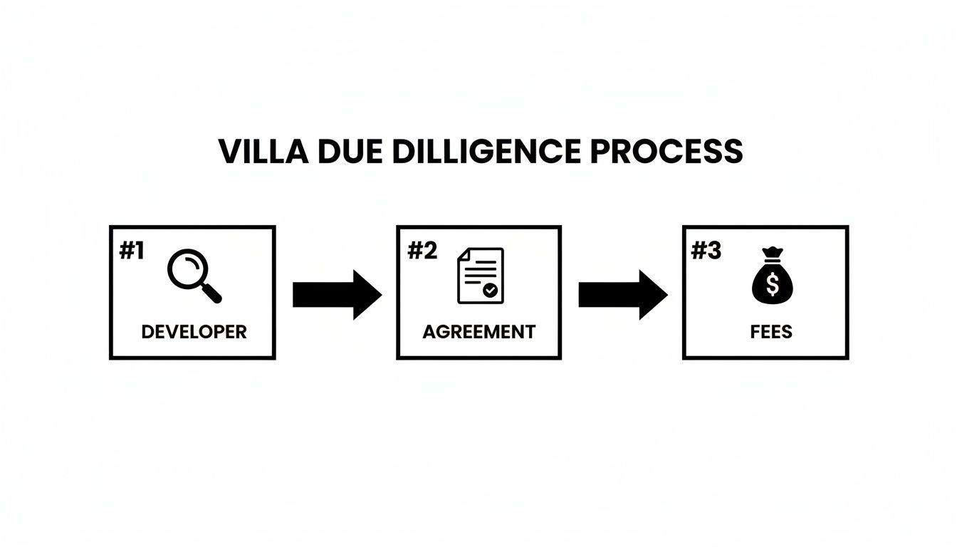 Infographic illustrating the villa due diligence process: developer research, agreement finalization, and fees.