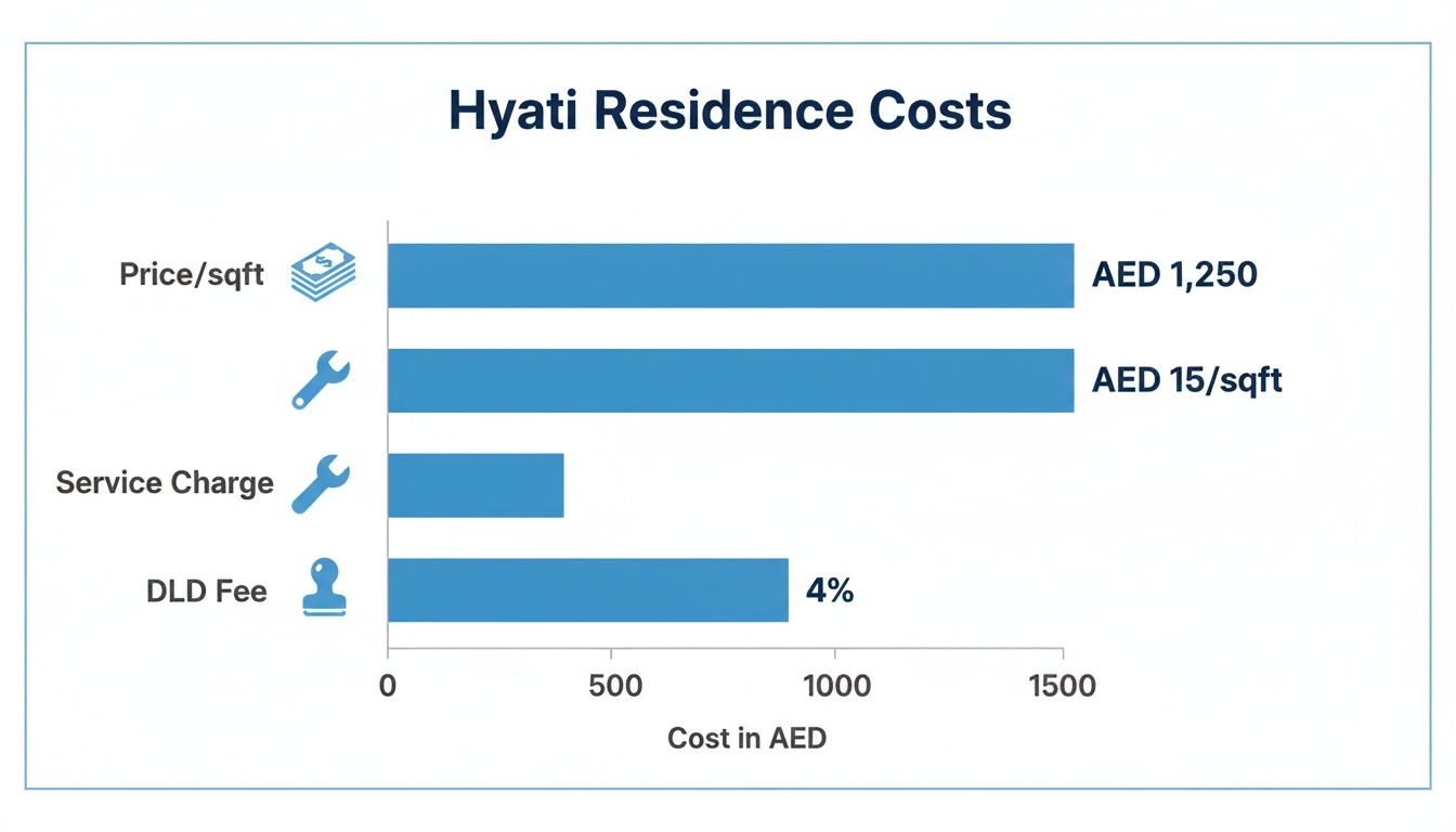 Bar chart displays Hyati Residence costs: Price/sqft AED 1,250, AED 15/sqft, Service Charge, DLD Fee 4%.