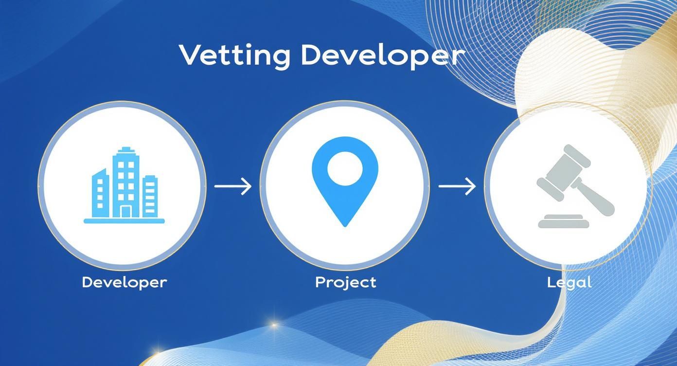 Diagram showing the vetting process for a developer, moving from developer to project to legal stages.