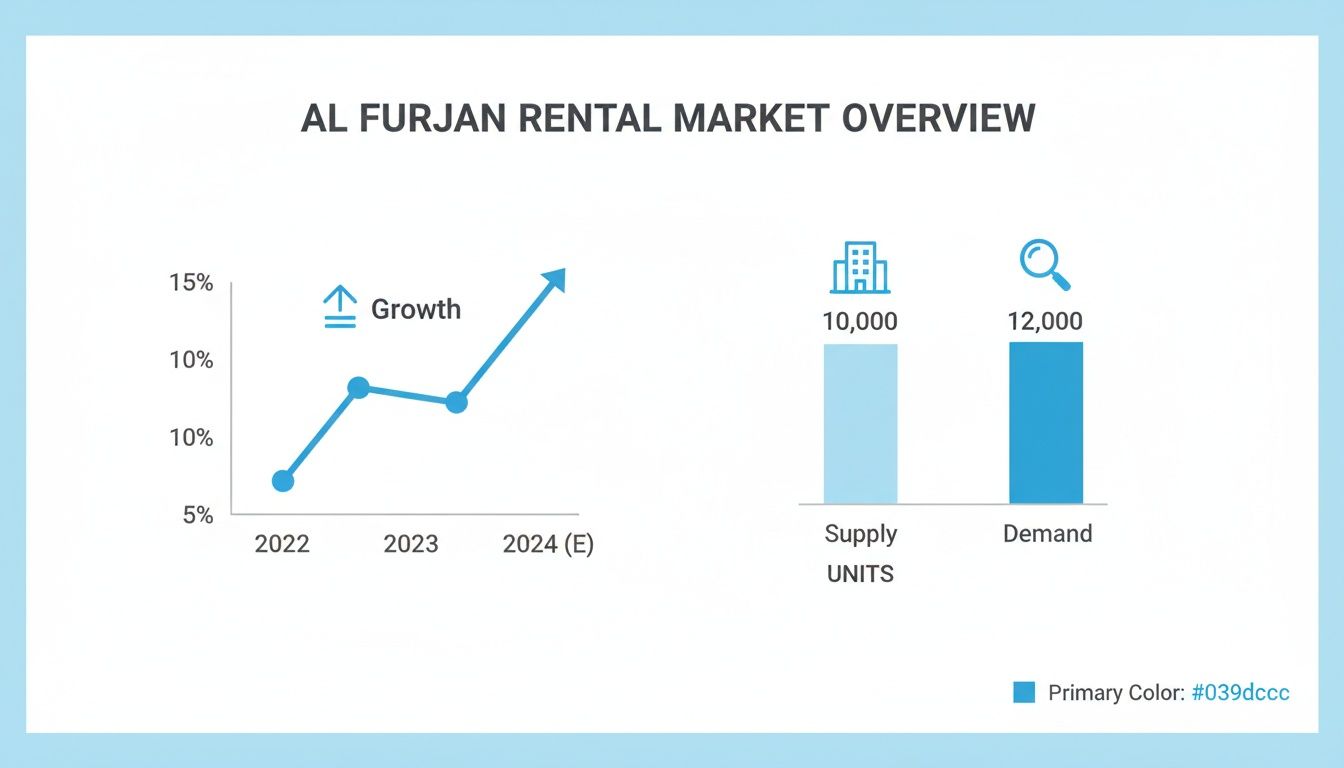 Al Furjan rental market overview showing growth trends, supply units, and demand data.