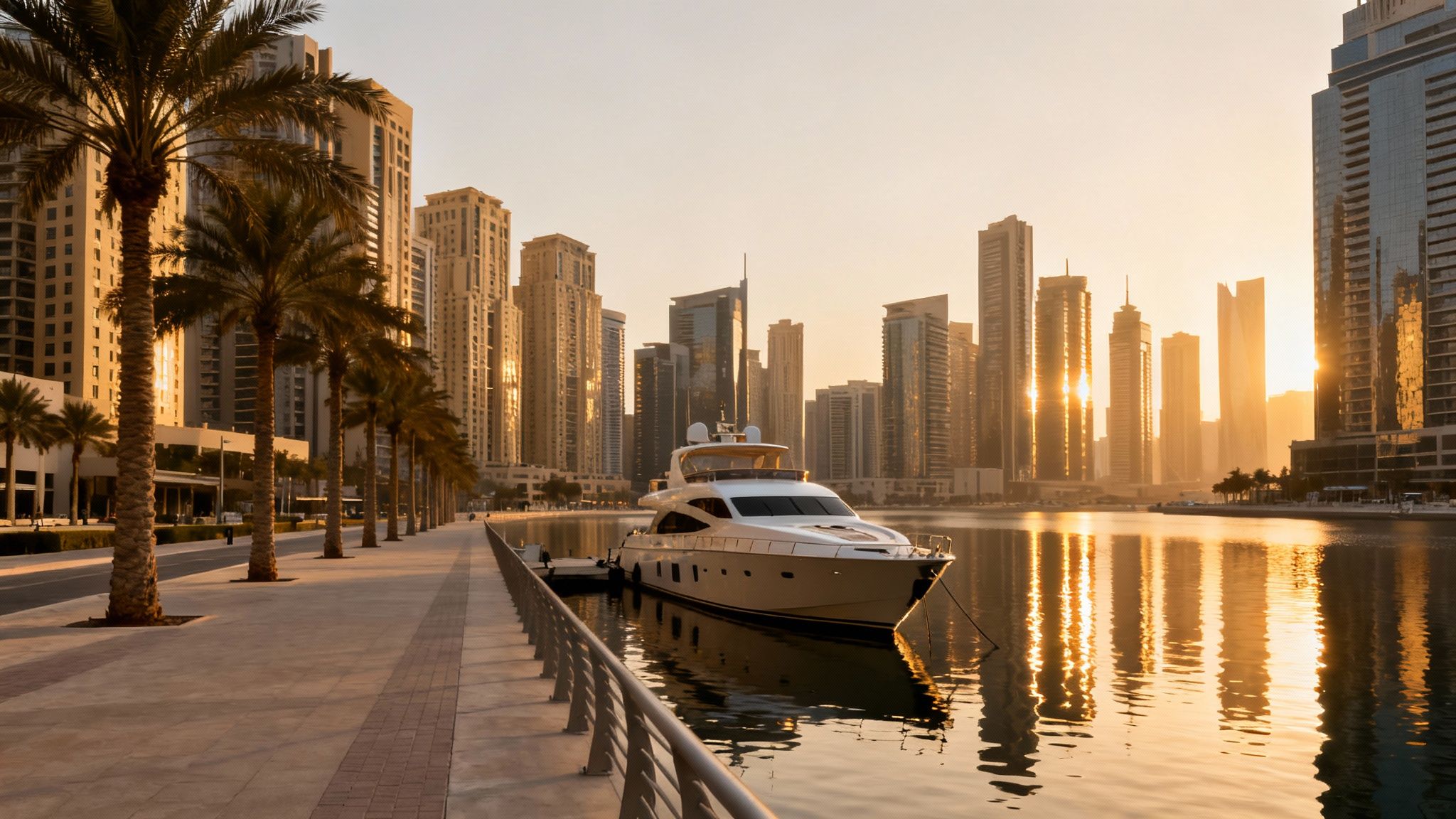 A luxurious yacht docked in a canal, with a stunning Dubai city skyline at golden hour.