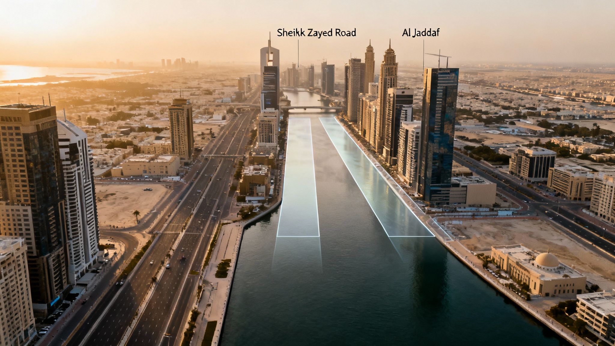 Aerial view of Dubai at sunset, showing Sheikh Zayed Road, modern skyscrapers, and a canal.